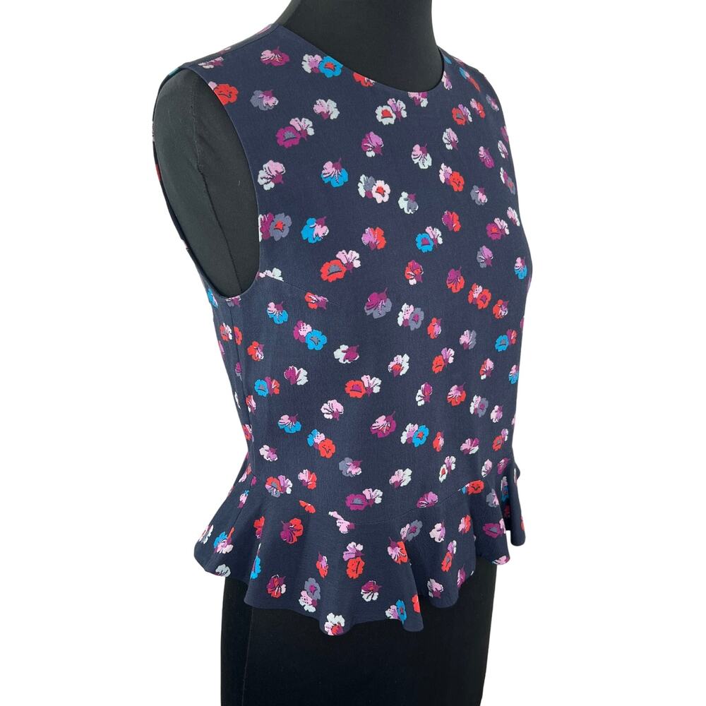 REBECCA TAYLOR Navy Blue Floral Print Sleeveless Round Neck Silk Peplum Top Sz 2